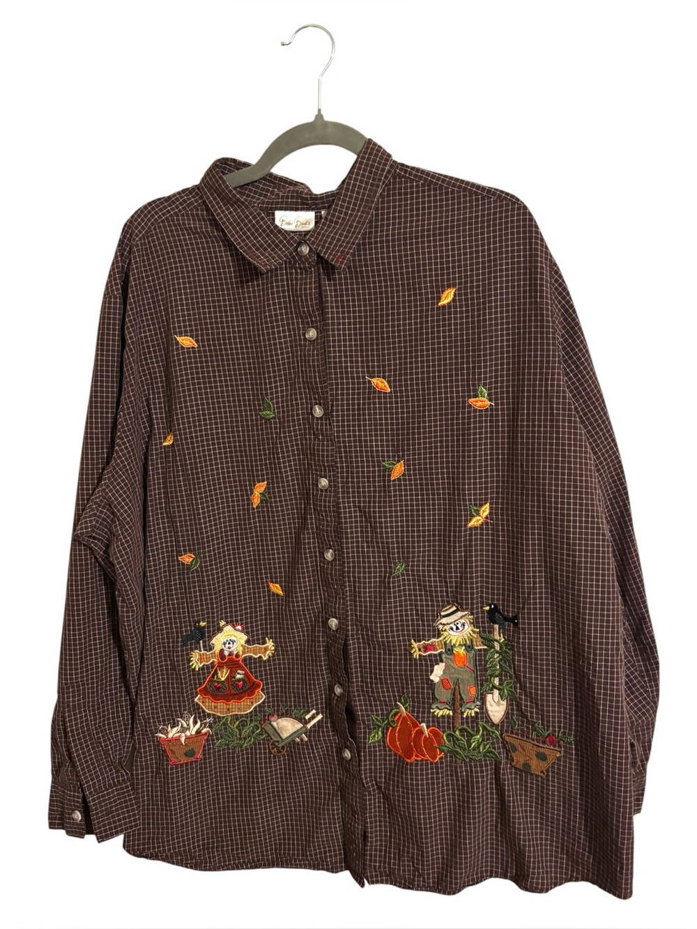 Bobbi Brooks Autumn Scarecrow Embroidered Brown Button Up Shirt 22W